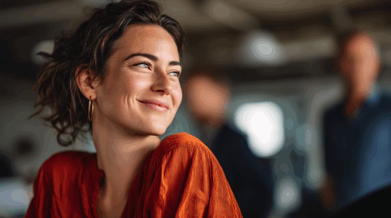 A smiling woman with curly hair and hoop earrings, wearing an orange top, is looking to the side. She appears joyful and engaged, with a soft focus background featuring two indistinct figures, suggesting a casual, social environment.