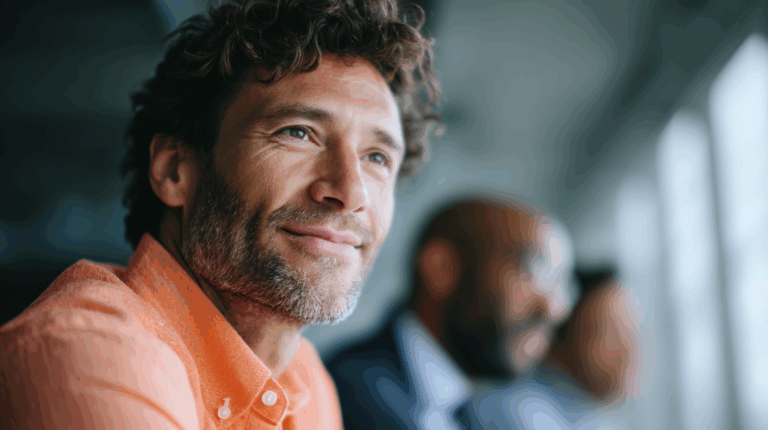 Close-up of a smiling man with curly hair and a beard, wearing an orange shirt. He appears thoughtful and content, with a soft focus background featuring two other individuals in business attire. Natural light fills the scene, creating a warm and relaxed atmosphere.