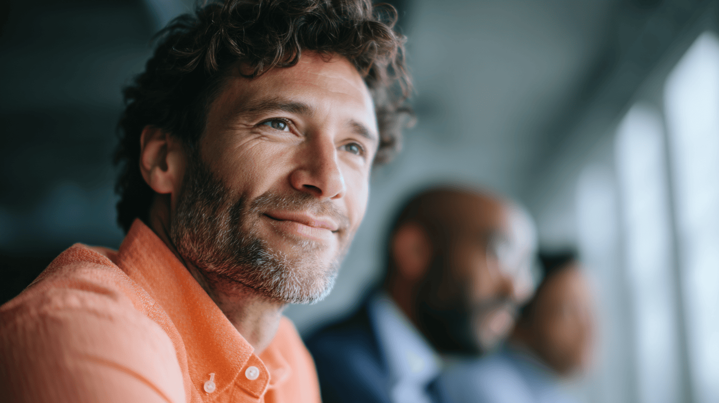 Close-up of a smiling man with curly hair and a beard, wearing an orange shirt. He appears thoughtful and content, with a soft focus background featuring two other individuals in business attire. Natural light fills the scene, creating a warm and relaxed atmosphere.