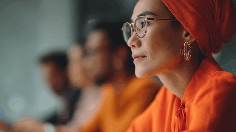 A close-up profile of a woman wearing glasses and large hoop earrings, dressed in an orange top and headscarf. She is seated among a group of people blurred in the background. The setting appears to be a meeting or discussion, with a focus on her contemplative expression.