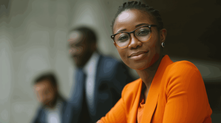 A confident woman wearing glasses and an orange blazer smiles at the camera, while two blurred individuals in suits are in the background. The setting appears to be a professional environment, emphasizing a modern and engaging atmosphere.