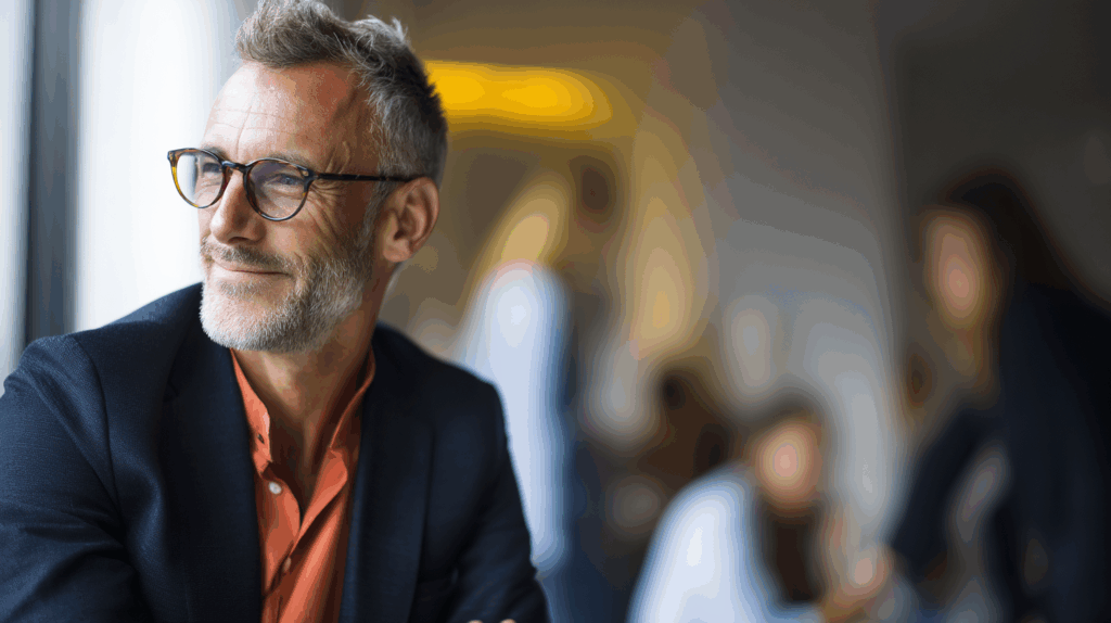 A mature man with glasses and a slight smile, wearing a dark blazer over an orange shirt, sits near a window, gazing thoughtfully. Out of focus figures can be seen in the background, suggesting a bustling social or professional environment.