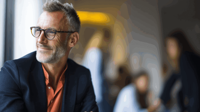 A mature man with glasses and a slight smile, wearing a dark blazer over an orange shirt, sits near a window, gazing thoughtfully. Out of focus figures can be seen in the background, suggesting a bustling social or professional environment.