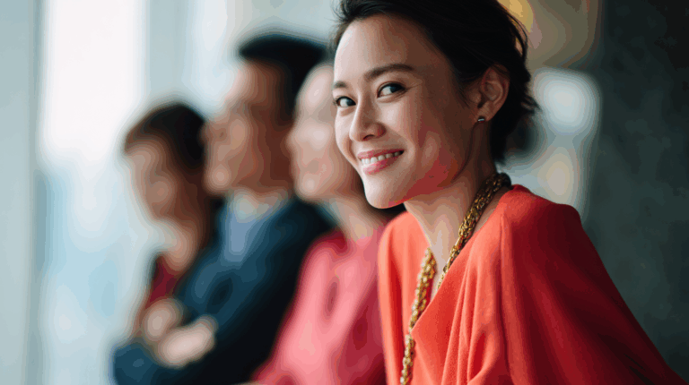 A smiling woman in a vibrant orange top with a gold necklace sits in the foreground, looking confidently at the camera. Blurred figures of three people in business attire are present in the background, suggesting a professional setting. Natural light filters through a window, enhancing the atmosphere.