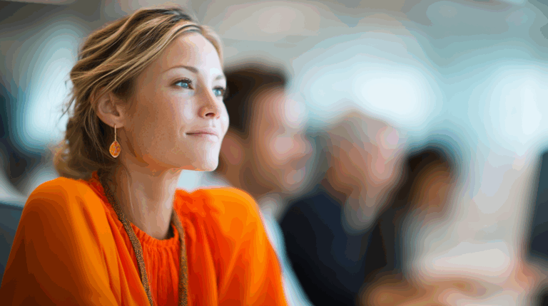 A woman with shoulder-length blonde hair gazes thoughtfully out of focus, wearing an orange blouse and decorative earrings. In the blurred background, other individuals are visible, engaged in work, suggesting an office environment. The image conveys a sense of contemplation and creativity.