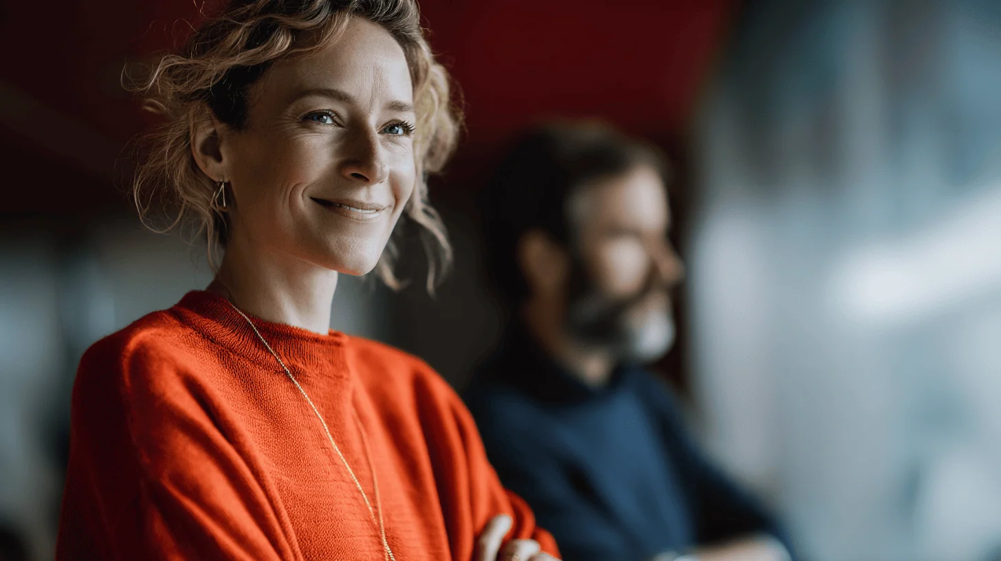 A smiling woman with curly hair wearing an orange sweater stands in the foreground, arms crossed, exuding confidence. A man with a beard is blurred in the background, also looking thoughtful. The setting suggests a relaxed environment with warm colors.