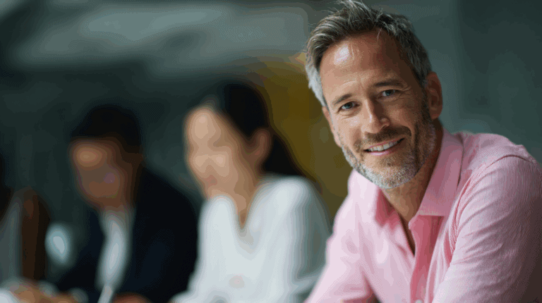 A smiling man with gray hair and beard is seated at a table, wearing a pink collared shirt. In the background, two out-of-focus individuals are engaged in conversation. The setting appears to be a professional or casual meeting environment.