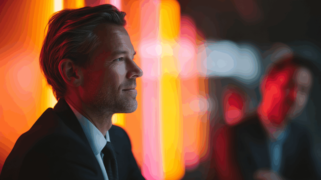 A close-up profile of a man with short, stylish hair, dressed in a suit, looking thoughtfully to the side. The background features soft, glowing light bars in warm colors, creating an atmospheric and modern setting. Another person is slightly blurred in the background, adding depth to the scene.