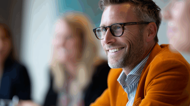 A smiling man wearing glasses and an orange blazer sits at a table, engaged in conversation. He has short, tousled hair and is looking to the side, with blurred images of two other individuals visible in the background, suggesting a group setting. The atmosphere appears relaxed and engaging.