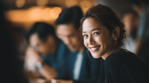 A woman with a warm smile is seated at a table, surrounded by others who are engaged in conversation. She has long, slightly wavy hair and is wearing a black top, with a hint of earrings visible. The background features a softly blurred ambiance, suggesting a lively social gathering.
