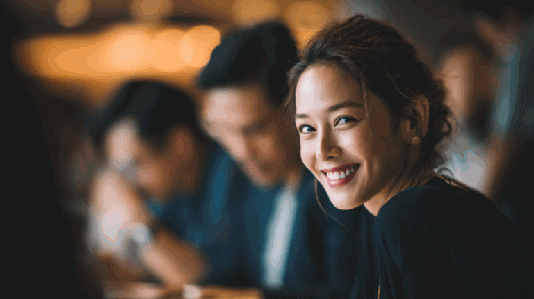 A woman with a warm smile is seated at a table, surrounded by others who are engaged in conversation. She has long, slightly wavy hair and is wearing a black top, with a hint of earrings visible. The background features a softly blurred ambiance, suggesting a lively social gathering.