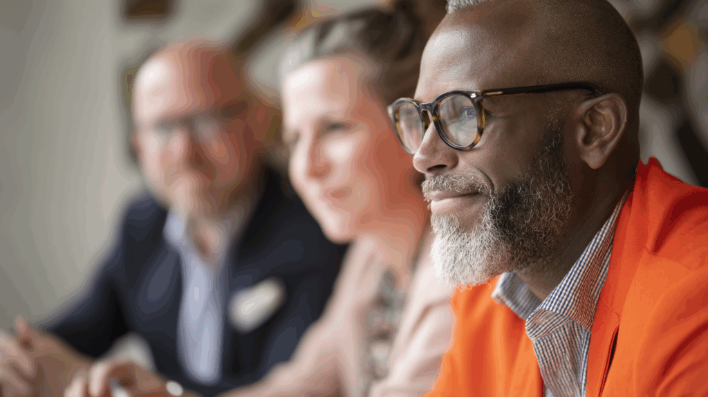 A close-up of a well-dressed man with glasses and a beard, wearing an orange blazer. He is sitting at a table with two blurred individuals in the background. The setting appears professional and conversational, highlighting a moment of engagement or discussion among the group.