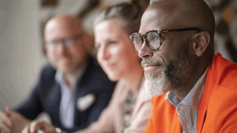 A close-up of a well-dressed man with glasses and a beard, wearing an orange blazer. He is sitting at a table with two blurred individuals in the background. The setting appears professional and conversational, highlighting a moment of engagement or discussion among the group.