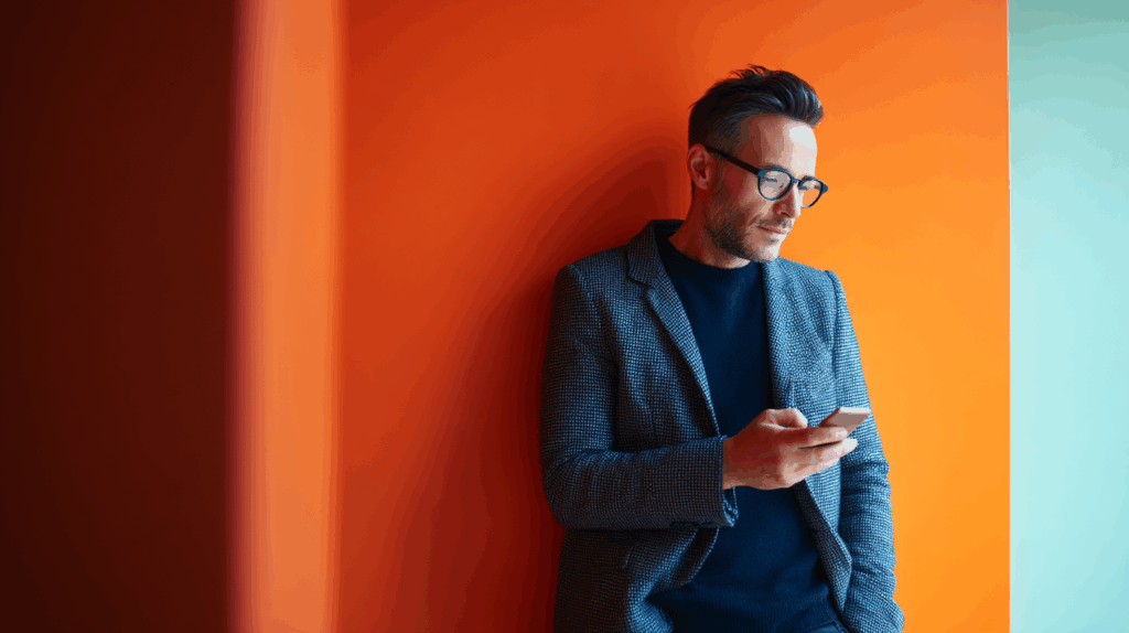 A man in a stylish blazer stands against an orange wall, looking at his smartphone. His glasses frame a thoughtful expression as he leans casually, with a contrasting turquoise wall visible on one side. The warm and vibrant colors create a modern and inviting atmosphere.
