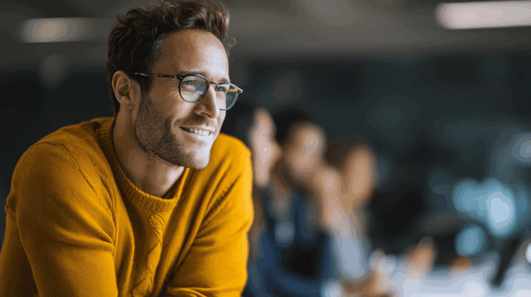 A smiling man with glasses wearing an orange sweater leans forward, looking engaged and thoughtful. In the background, blurred figures of people are seated at a table, suggesting a collaborative or discussion environment. The overall atmosphere conveys positivity and focus.
