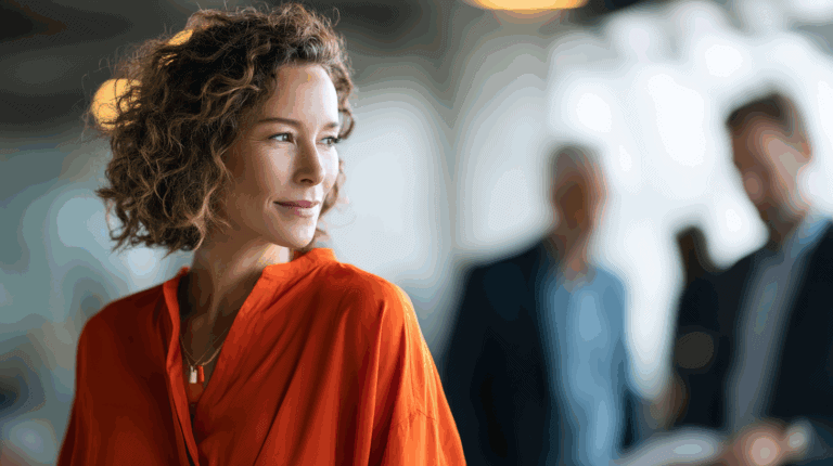 A woman with curly hair wears an orange blouse and looks thoughtfully to the side. She appears confident and engaged in a professional setting, with blurred figures of two men in the background, suggesting a busy environment. The lighting highlights her facial features and adds a warm ambiance.