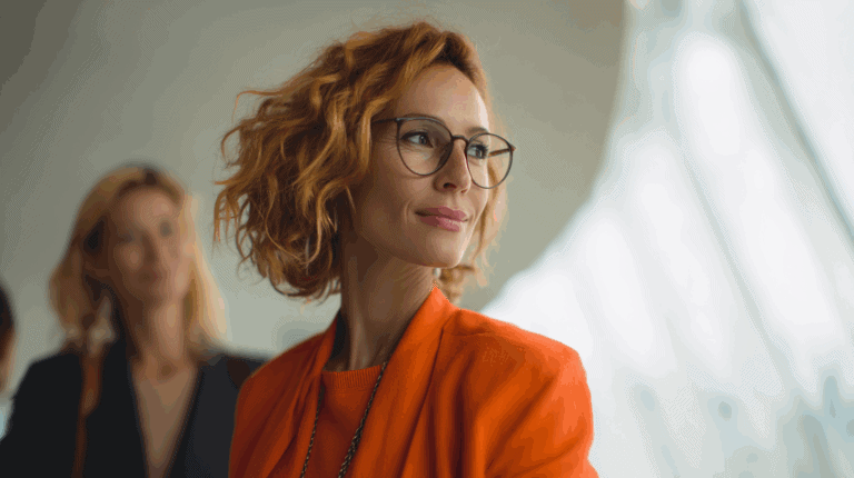 A woman with curly, shoulder-length hair wearing glasses and an orange jacket is looking thoughtfully to the side. In the background, another woman is partially visible, smiling softly. The setting appears modern, with soft lighting and a blurred background, suggesting a professional environment.