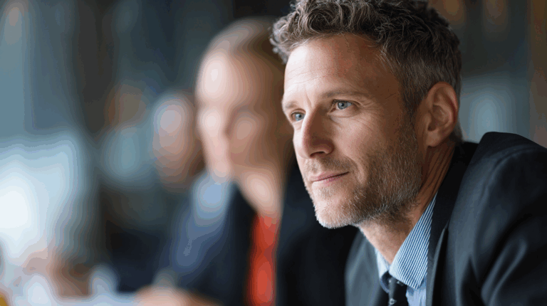 A close-up of a thoughtful man in a business suit, with a slight smile and short, styled hair. He appears engaged in a discussion or presentation, with blurry figures in the background suggesting a professional setting. The image captures a moment of contemplation and focus.
