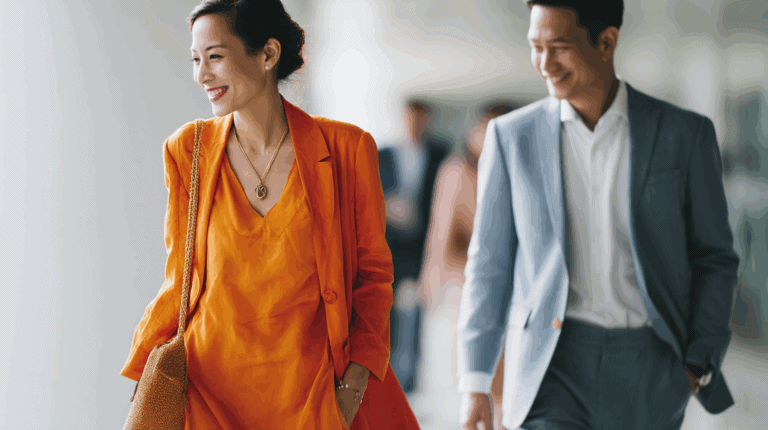 A confident woman in an orange outfit and jewelry walks alongside a smiling man in a light blue suit. The setting appears to be a modern indoor space, with blurred figures in the background, suggesting a professional or social environment.