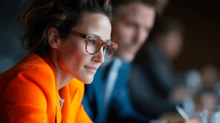 A close-up of a woman with curly hair, wearing oversized glasses and an orange blazer, focused on a task. A blurred figure of a man in a blue suit is visible in the background, suggesting a professional setting. The image conveys concentration and engagement in a collaborative environment.