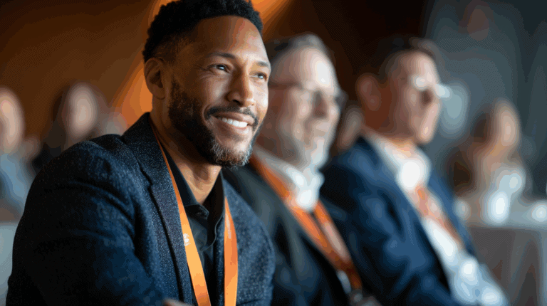 A focused, smiling man with short curly hair and a beard, wearing a dark jacket, sits in the foreground. He has an orange lanyard around his neck. In the background, two blurred individuals are engaged in conversation, with soft lighting and a professional atmosphere typical of a conference or event setting.