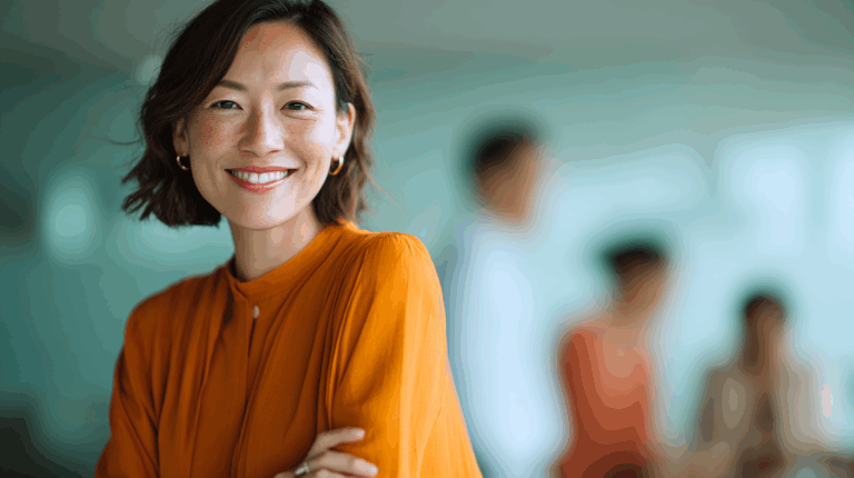 A smiling woman with shoulder-length wavy hair, wearing an orange blouse, stands in focus against a softly blurred background of people in a casual meeting setting. Her expression is warm and inviting, conveying confidence and approachability.