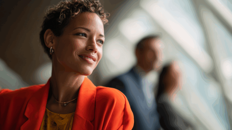 A woman with short, curly hair and a warm smile wears an orange blazer over a yellow top. She stands in a modern setting, looking content and thoughtful. Two blurred figures in business attire are visible in the background, suggesting a professional environment. Natural light comes through large windows.