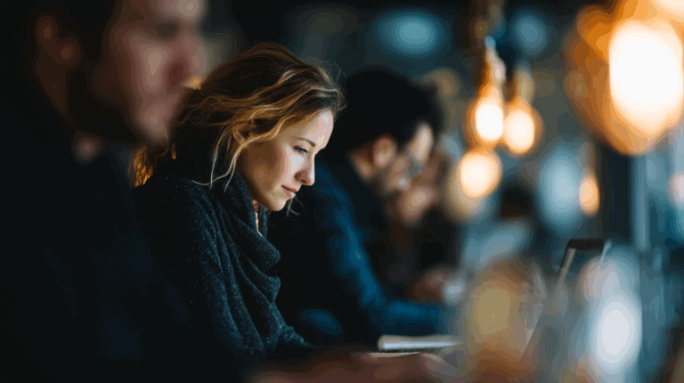 A close-up of a woman with wavy hair focused on her work at a coffee shop, surrounded by a blurred background of other individuals sitting at a communal table with laptops. Warm light bulbs illuminate the scene, creating a cozy atmosphere. The woman is dressed in a dark sweater.