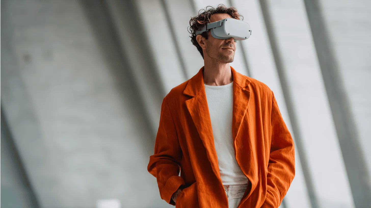A man wearing a virtual reality headset stands confidently, dressed in a vibrant orange blazer over a white shirt. The background features modern architectural lines, creating a contemporary atmosphere. His expression suggests curiosity and engagement with the virtual experience.