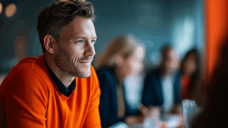 A man with short, light brown hair and a well-groomed beard is sitting at a table, wearing an orange sweater over a black shirt. He has a thoughtful expression, looking to the side. In the background, a group of blurred individuals are engaged in conversation, suggesting a business or collaborative setting.