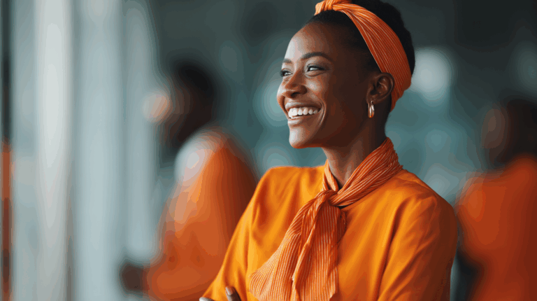A smiling woman in a vibrant orange blouse and matching scarf stands confidently. She has her arms crossed and is looking thoughtfully off to the side. In the background, another person is slightly blurred, also wearing orange, creating a cohesive scenes of warmth and positivity.