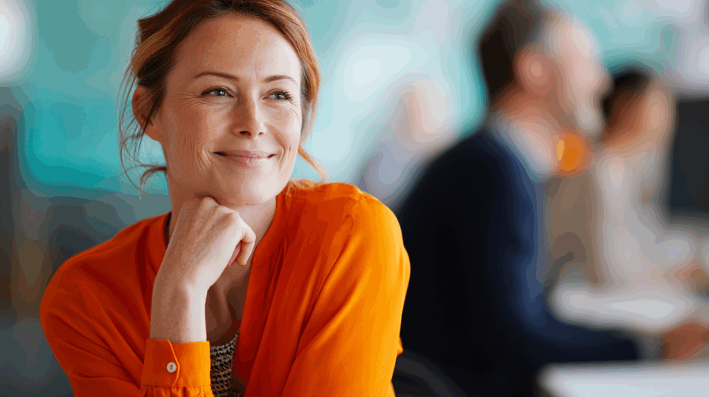 A woman with shoulder-length brown hair is smiling and resting her chin on her hand, wearing an orange blouse. She is seated in a bright office environment with blurred colleagues in the background, suggesting a thoughtful and engaged demeanor.