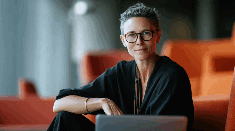 A confident woman with short, curly hair is seated at a table, wearing black attire. She has round glasses and is smiling softly at the camera. A laptop is in front of her, and the background features vibrant orange seating and a modern interior space, creating a warm, inviting atmosphere.