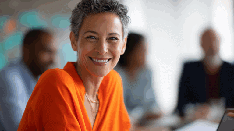 Smiling woman with short, curly gray hair wearing an orange blouse. She looks directly at the camera in a bright indoor setting, with blurred figures of people in the background. The atmosphere conveys positivity and engagement in a professional environment.
