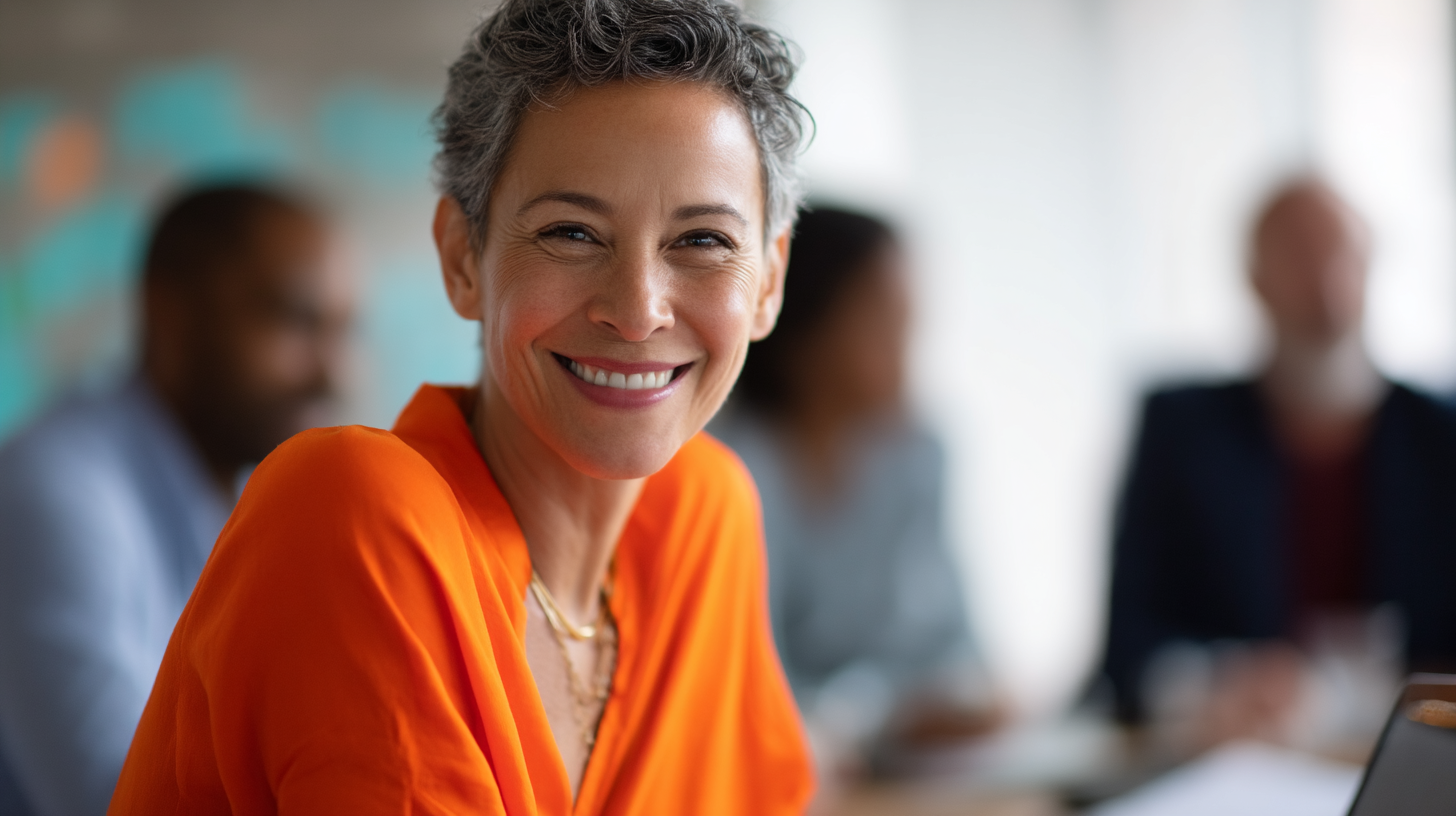 Smiling woman with short, curly gray hair wearing an orange blouse. She looks directly at the camera in a bright indoor setting, with blurred figures of people in the background. The atmosphere conveys positivity and engagement in a professional environment.