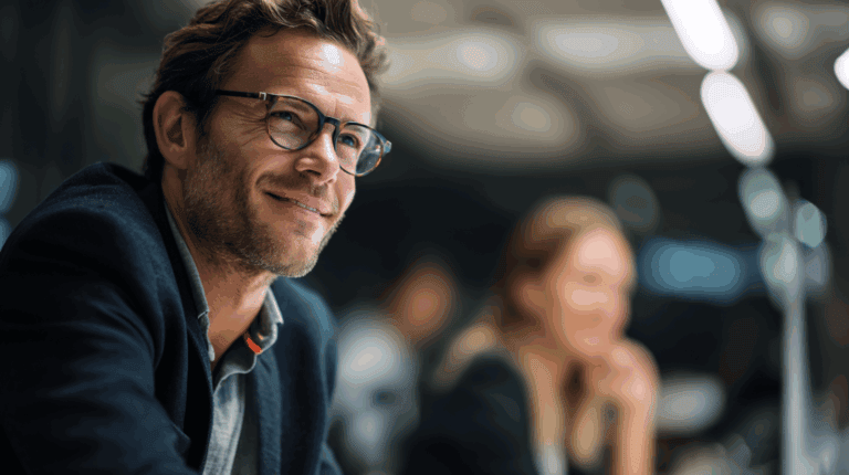 A smiling man with curly hair and glasses sits at a table in a modern office setting, dressed in a dark blazer over a collared shirt. In the background, a woman is partially visible, engaged in conversation. The atmosphere is casual and collaborative, with dim lighting and reflections from overhead lights.