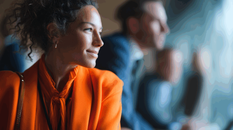 A woman with curly hair is smiling while wearing an orange outfit with a tied neck. She appears thoughtful, gazing into the distance, with blurred figures of two people in business attire visible behind her. The setting seems to be indoors and suggests a professional environment.