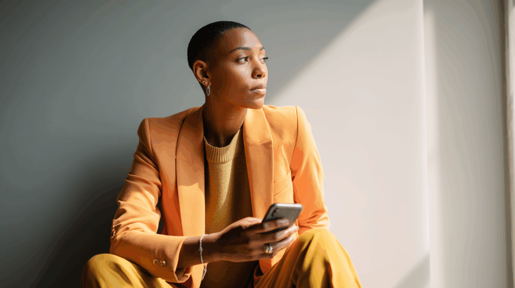 A person with short hair is sitting near a window, wearing a bright orange blazer over a mustard sweater. They are holding a smartphone and looking thoughtfully to the side, illuminated by natural light. The background features soft gray tones and a hint of sunlight.