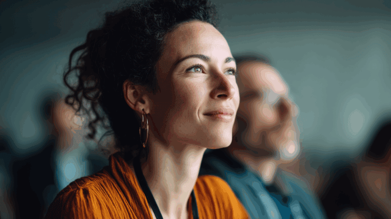 A close-up image of a woman with curly hair, wearing a bright orange top and large hoop earrings, sitting attentively in a seminar or conference setting. She has a thoughtful expression, gazing upward, with a blurred figure of a man in the background, suggesting an engaging audience environment.