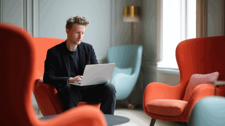 A man seated in a modern, stylish orange armchair works on a laptop in a well-lit, elegantly decorated room. Soft light filters through large windows, illuminating the space, which features another blue armchair and a minimalist table. The atmosphere is calm and conducive to focused work.