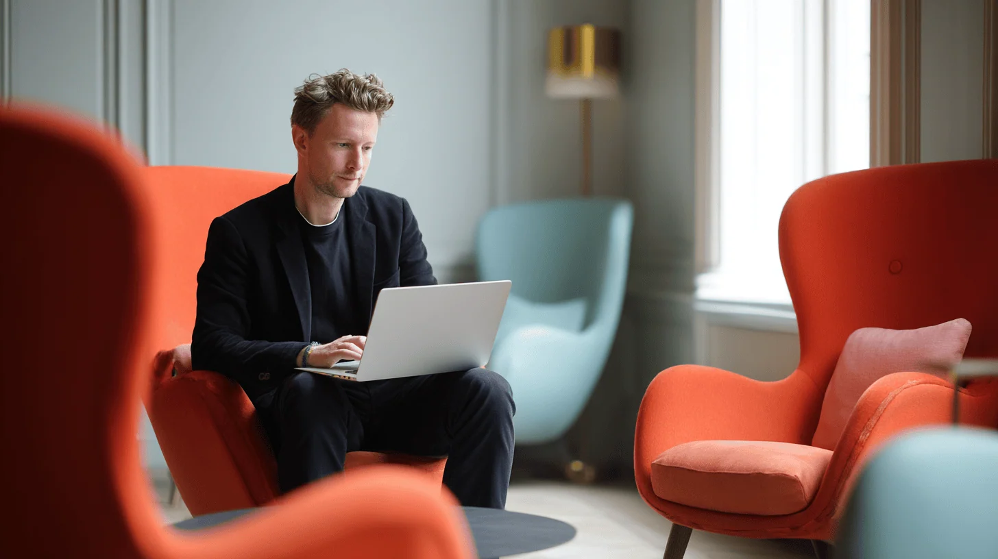 A man seated in a modern, stylish orange armchair works on a laptop in a well-lit, elegantly decorated room. Soft light filters through large windows, illuminating the space, which features another blue armchair and a minimalist table. The atmosphere is calm and conducive to focused work.