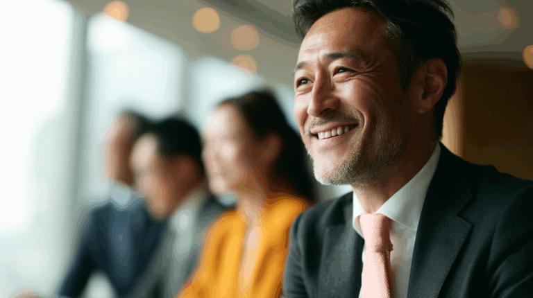 A smiling businessman in a suit with a pink tie, seated at a conference table. In the background, blurred figures of colleagues in professional attire are visible. The setting appears bright and modern, indicating a corporate environment. The man exudes confidence and positivity.
