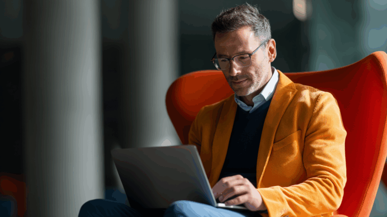 A man wearing glasses and an orange corduroy blazer sits comfortably in a modern orange chair, focused on his laptop. Soft lighting highlights his thoughtful expression as he engages in work or reading, surrounded by a stylish, contemporary interior.