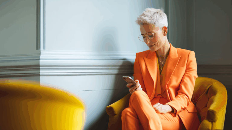 A stylish person with short, light-colored hair sits in a cozy yellow armchair, wearing a vibrant orange suit. They are focused on their smartphone, with a slight smile. The background features soft pastel walls, creating a relaxed and modern atmosphere.