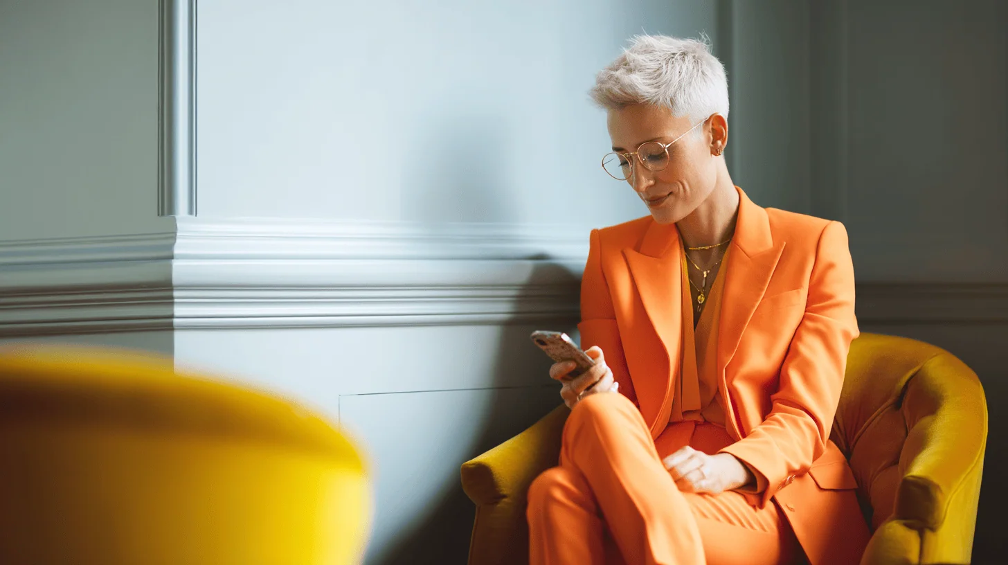 A stylish person with short, light-colored hair sits in a cozy yellow armchair, wearing a vibrant orange suit. They are focused on their smartphone, with a slight smile. The background features soft pastel walls, creating a relaxed and modern atmosphere.
