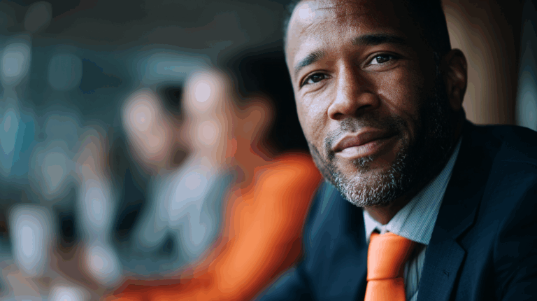 A confident man in a dark suit and orange tie smiles at the camera, seated at a table. Blurred colleagues are visible in the background, suggesting a business meeting or discussion environment. The image conveys professionalism and focus.