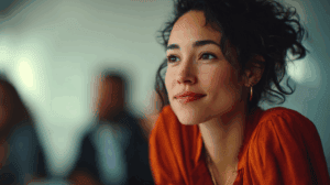 A woman with curly hair and warm skin tone is smiling thoughtfully, wearing an orange blouse. She is seated in a softly lit room, with blurred figures in the background, suggesting a casual or collaborative setting. The focus is on her facial expression, indicating curiosity and engagement.