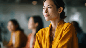 A smiling woman wearing an orange jacket sits in a meeting, looking thoughtfully into the distance. In the background, two other women are partially visible, engaged in conversation. The setting appears to be a modern office or conference space, conveying a sense of collaboration and positivity.
