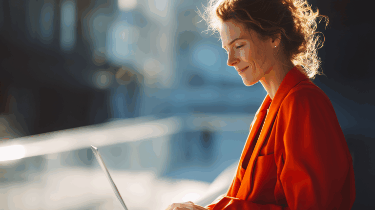 A woman with curly hair wears an orange blazer and smiles softly while working on a laptop. The background features a modern, softly blurred urban setting, illuminated by natural light, creating a warm and focused atmosphere.