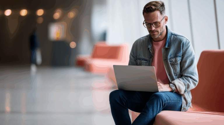 A man with short hair and glasses sits on a pink sofa, focused on his laptop. He wears a light blue denim jacket over a pink shirt, paired with dark jeans. The background features blurred lighting and other seating, creating a modern, minimalist environment.